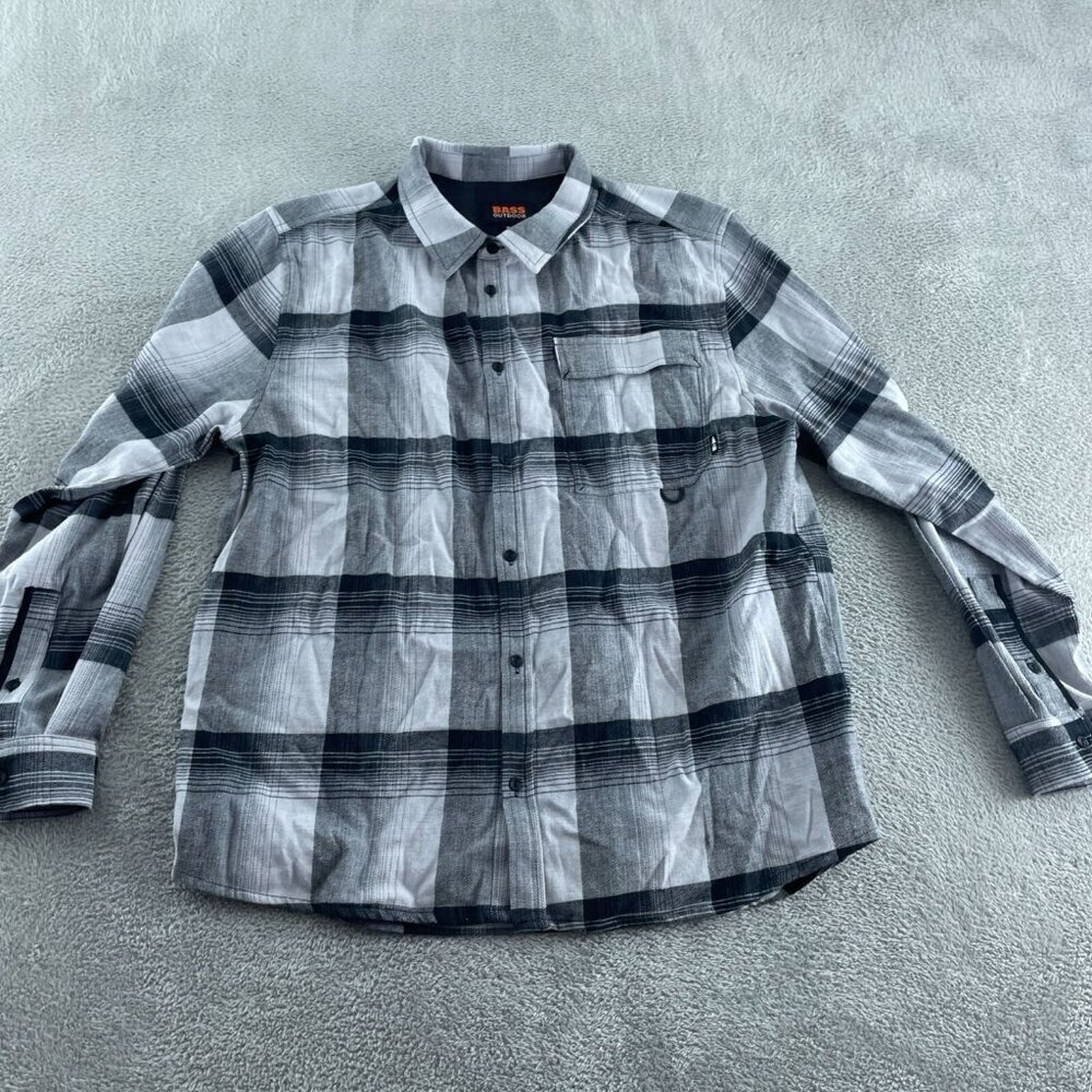 Bass Outdoor Mens Plaid Button-Up Shirt Gray/Black Long Sleeve M NWT 2614